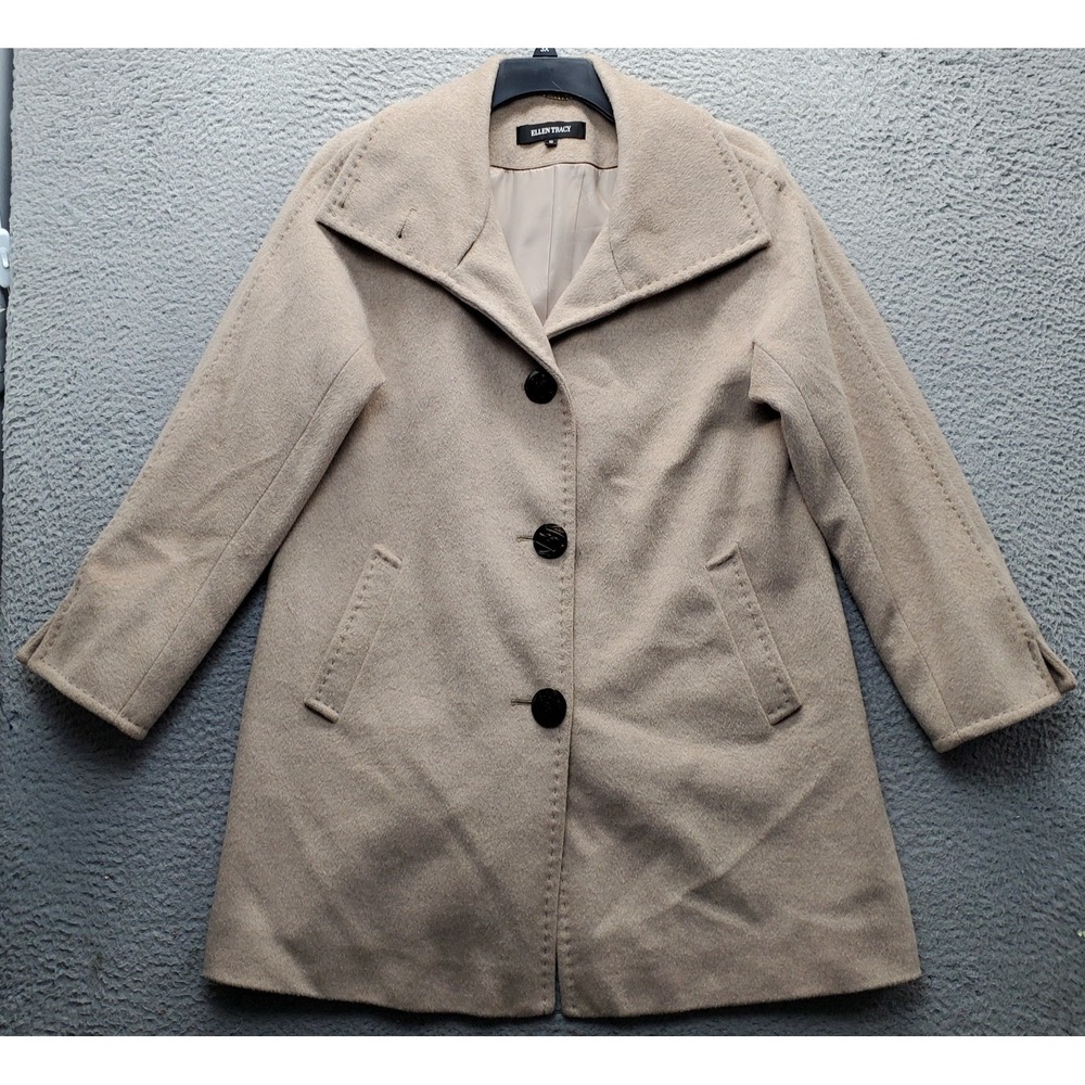 Ellen Tracy Pea Coat Womens 10 Tan Wool Blend Lined Long Sleeve Button Front